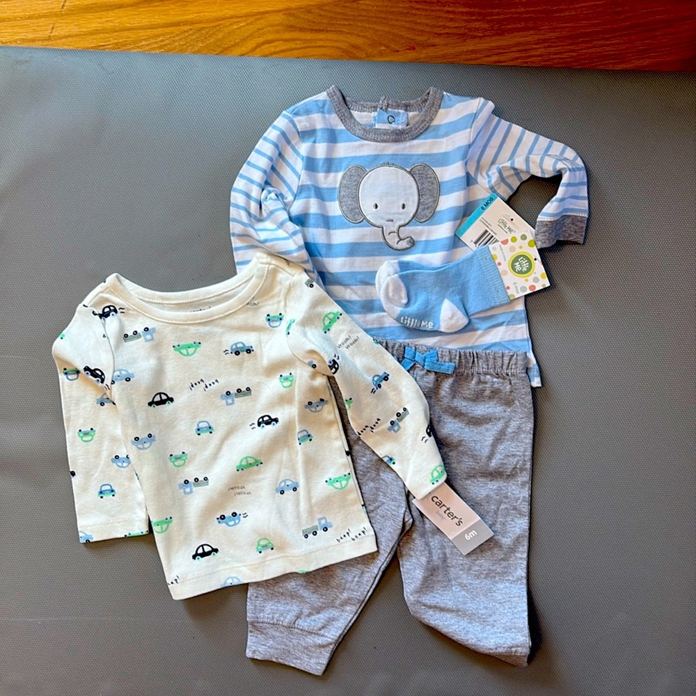 SET of Little Me Blue and Gray Baby Outfit Set and T-Shirt, Sz 6 Months